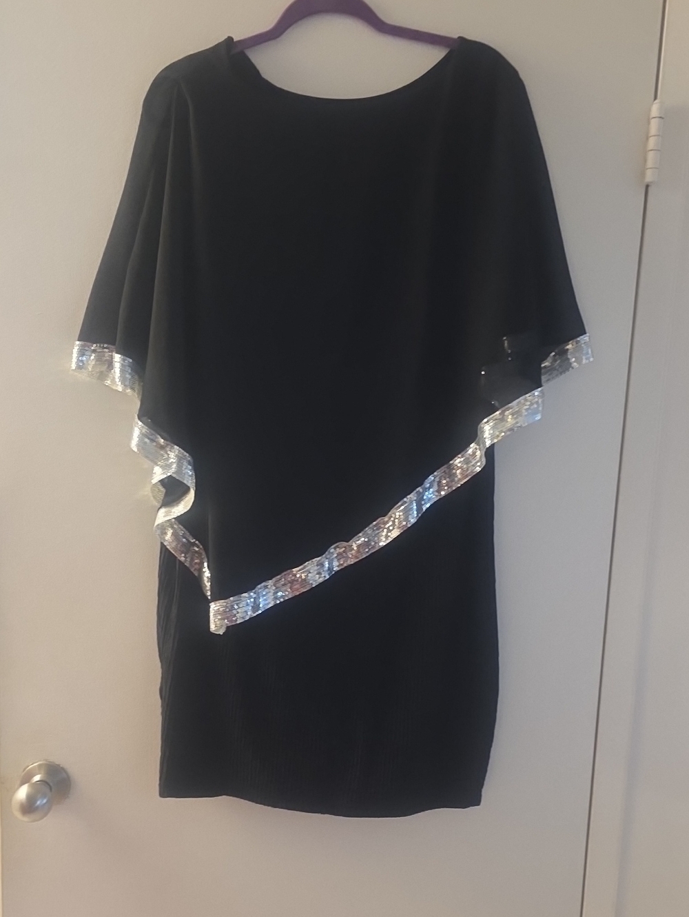 SHEIN Black Shoulder Cape Dress with Silver Sequin Trim